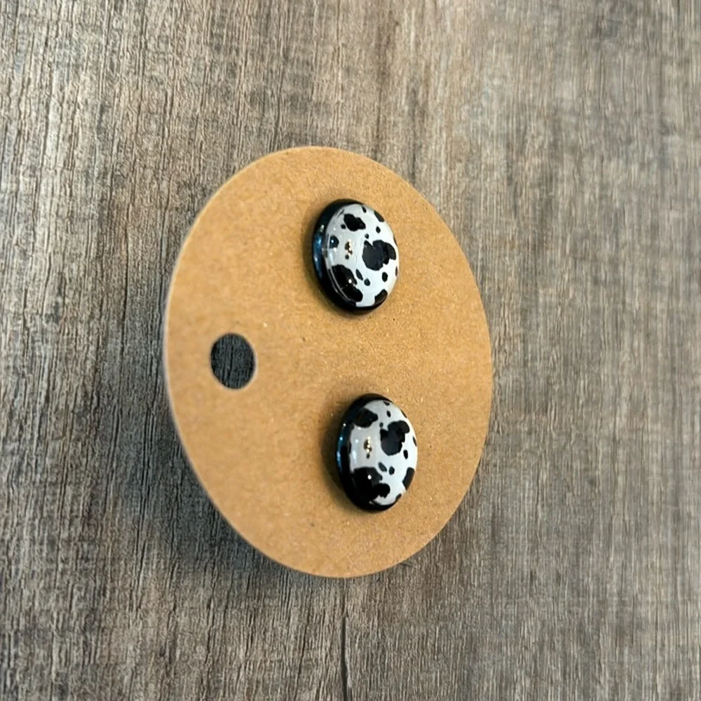 Homemade Earrings - 12mm diameter circle -‎ post style - animal print - cow